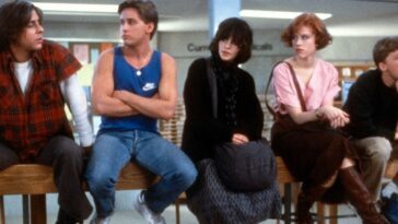 The Cast of the Breakfast Club sitting on a railing looking at one another