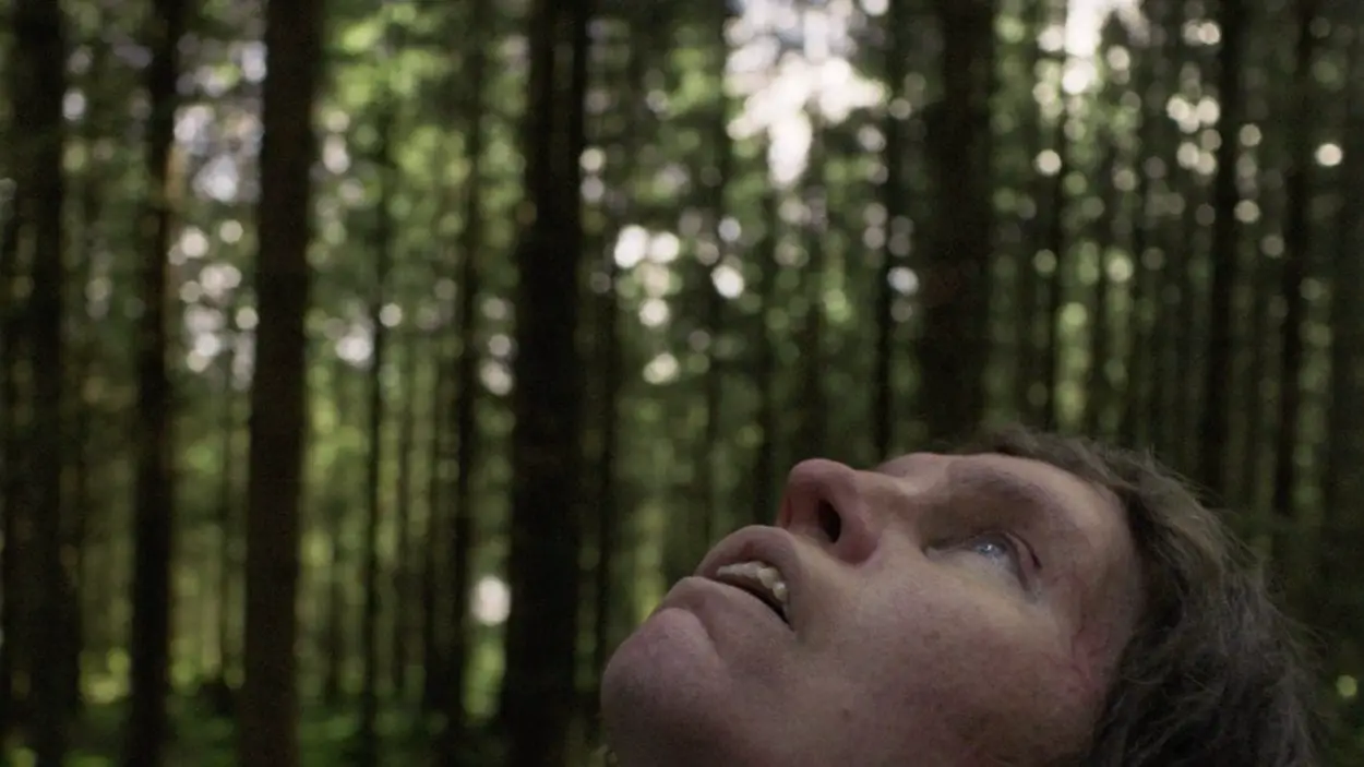 Eva Melander as Tina, looks up at the forest canopy