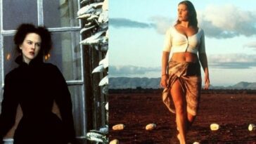 Left picture: Isabel Archer (Nicole Kidman) stares off into the distance while her hand is on a door latch; Right: Ruth Barron (Kate Winslet) walks out in the desert, stepping on white stones in Holy Smoke)