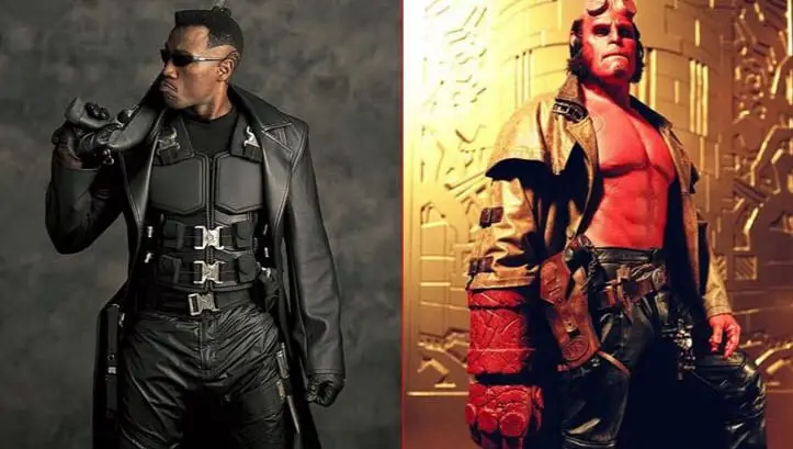 A split screen photo with Blade on the left dressed enrirely in black leather and body armour holding a shot gun and Hhellboy on the right dressed in a brown overcoat and black leather trousers with his sidearm in its holster.