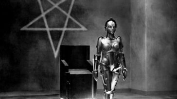 Robot Maria standing in front of a pentagram