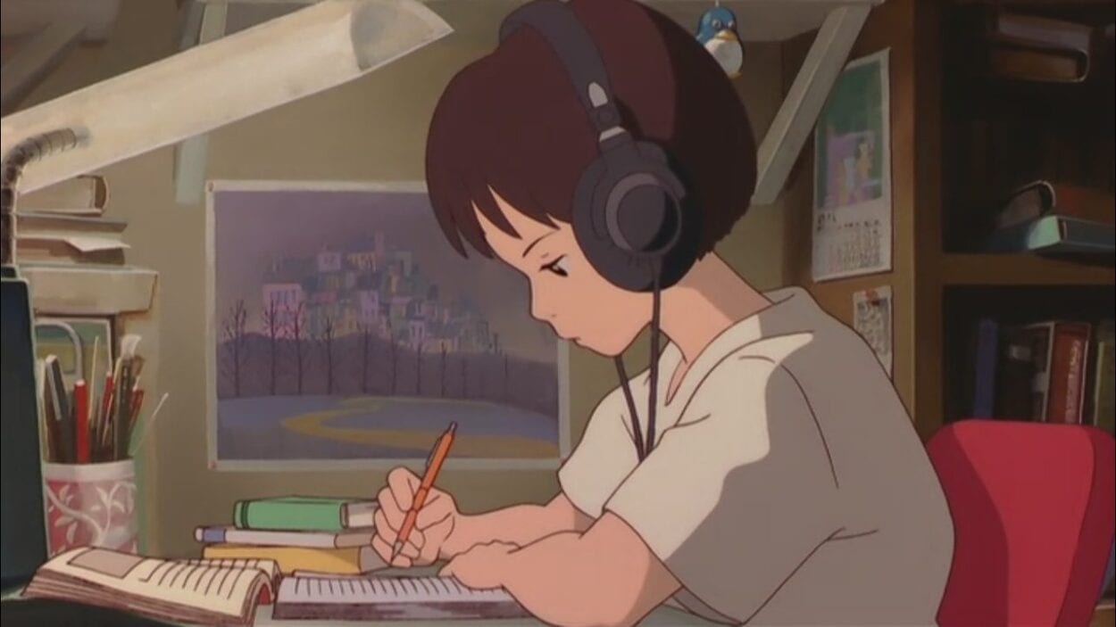 Shizuku hard at study at her bedroom desk