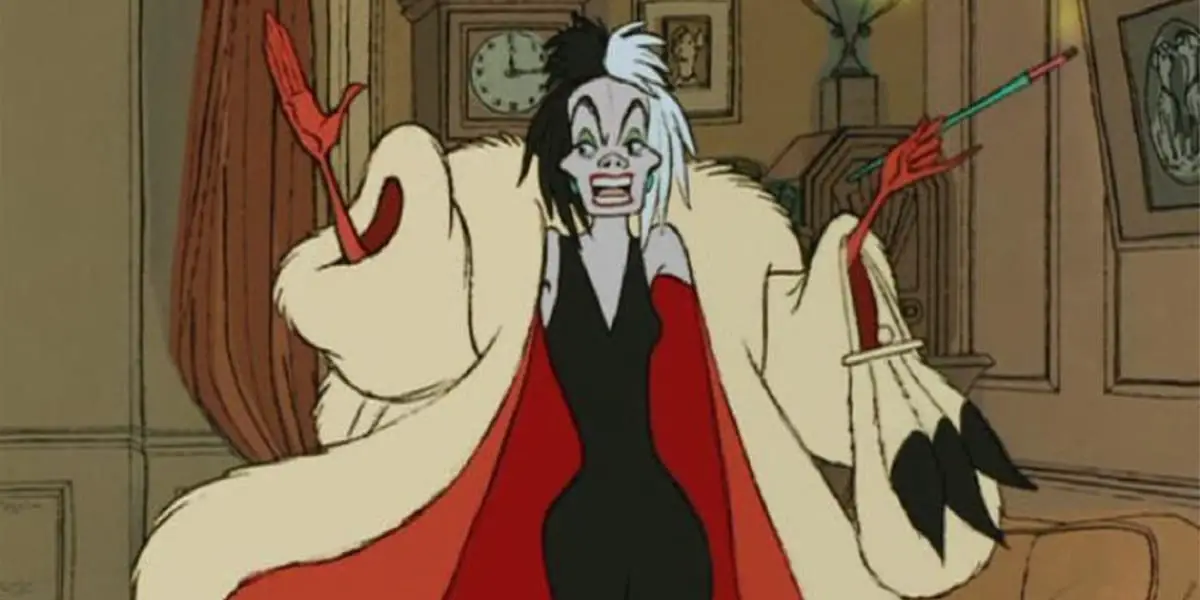Cruella De Vil in 101 Dalmatians 1961, holding up both of her arms, one hand holding up a long cigarette, her face a look of disdain, as she wears a black dress and fur coat