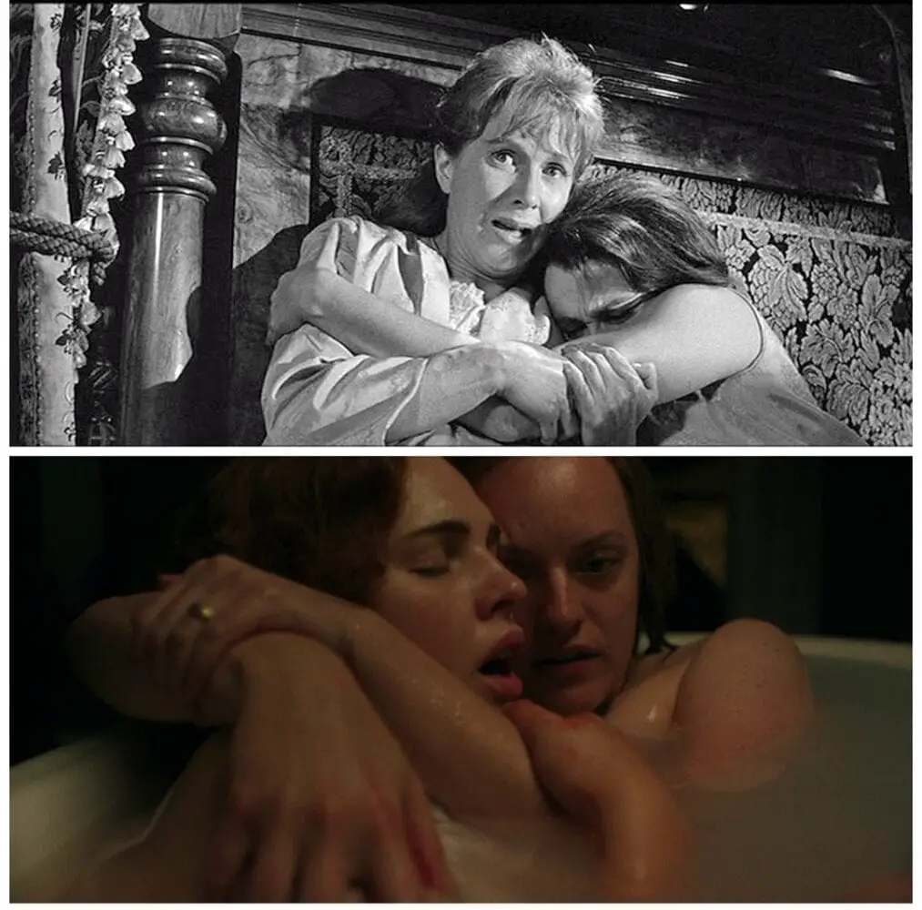 Composite image showing Theo (Claire Bloom) and Eleanor (Juile Harris) as well as Rosie (Odessa Young) and Shirley (Elisabeth Moss)embracing each other