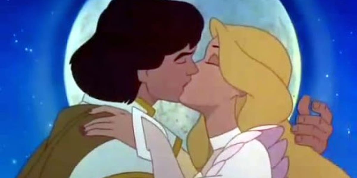 Odette and Derek, now wed, kissing with a full moon in the background in The Swan Princess