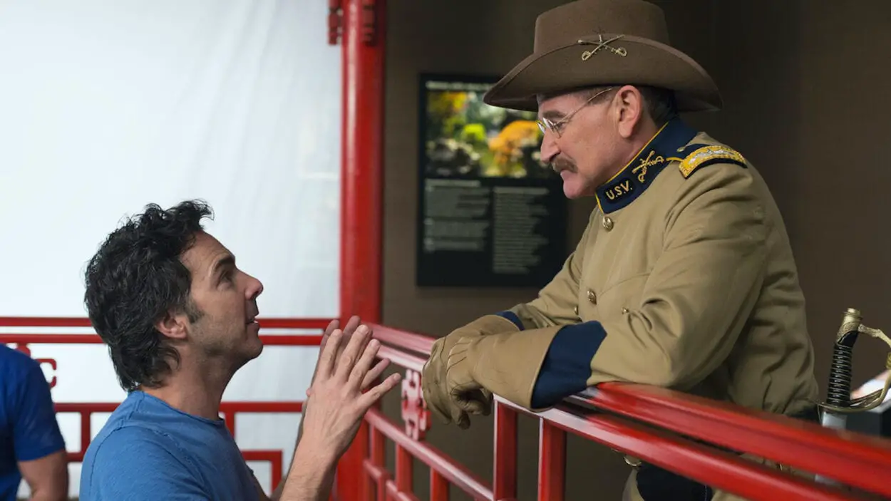 Robin Williams in costume as Teddy Roosevelt on the set of "Night at the Museum 3" with director Shawn Levy.