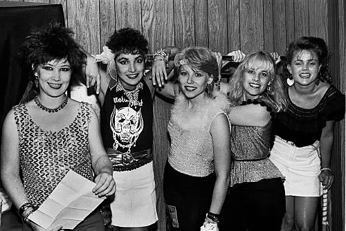 The Go-Go's backstage at The Rolling Stones gig in Rockford, Illinois on October 1, 1981 (L-R): Kathy Valentine, Jane Wiedlin, Gina Schock, Charlotte Caffey, Belinda Carlisle Photo credit: Paul Natkin, courtesy SHOWTIME.