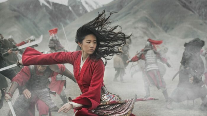 Mulan swings her sword in battle.