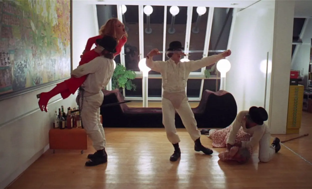 Alex and his droogs begin to attack Mrs. Alexander in Stanley Kubrick's A Clockwork Orange