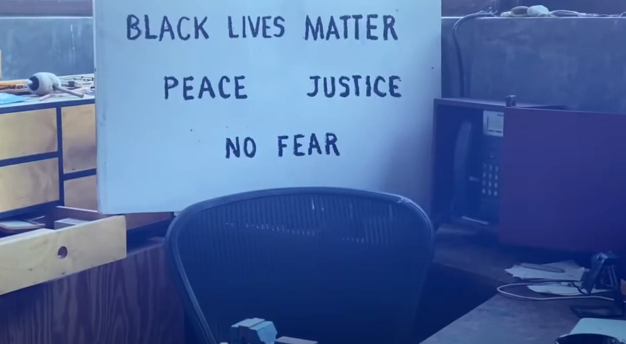 A protest sign from David Lynch that reads "Black Lives Matter. Peace. Justice. No fear."