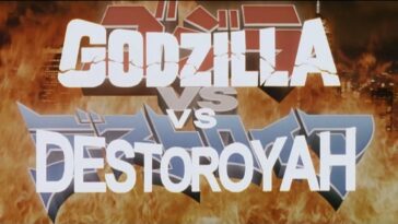 Title card for Godzilla vs. Destoroyah. The English words "Godzilla vs. Destoroyah" are overlaid on the Japanese words, with raging flames in the background.