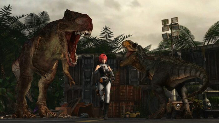The protagonist of Dino Crisis runs from T rexes