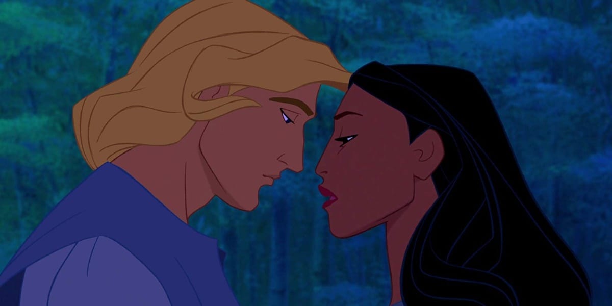 John and Pocahontas, nose to nose, look at each other sorrowfully