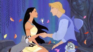 Pocahontas and John Smith face each other kneeling and holding hands, surrounded by woodland creatures and Grandmother Willow, a tree with a face carved in it