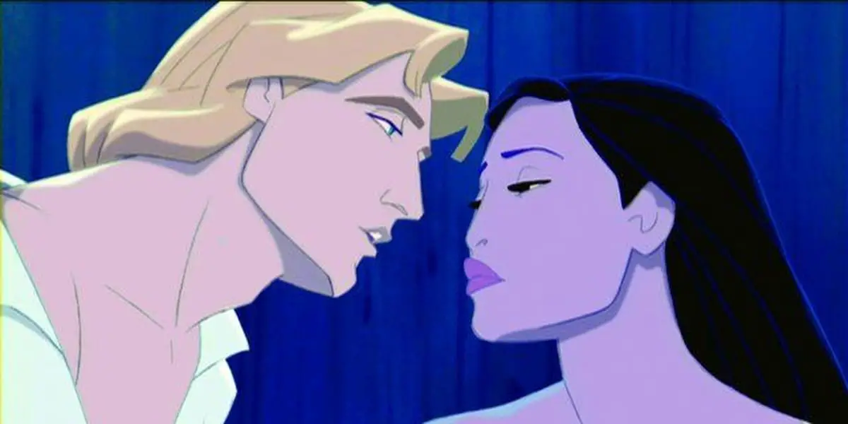 Pocahontas and John Smith lean into each other for a kiss