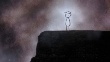 A stick man with an oval-shaped body wearing a hat stands atop a dark ledge. He is looking down it's face. Behind him are what appears to be gray clouds or fog.