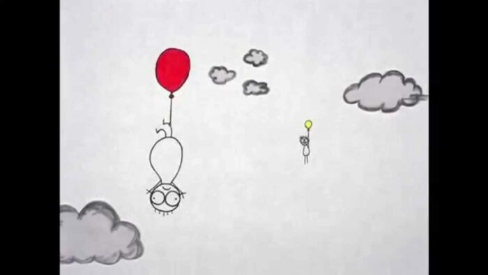 A bug-eyed doodle of a child is suspended by his leg high in the clouds by a red balloon. In the background, another child is seen held up by a yellow balloon.