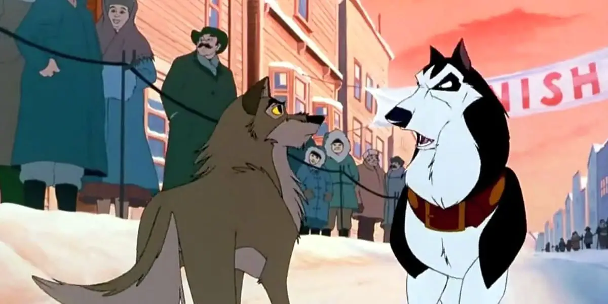 Balto and Steele looking at one another while at a race