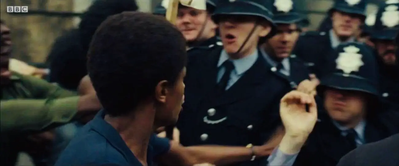 Me (copper right in the centre of shot) and Letitia get heated on the front line of the protest