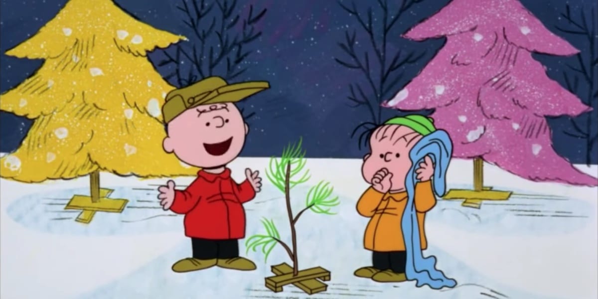 Charlie Brown and Linus looking at a tiny tree in Charlie Brown Christmas
