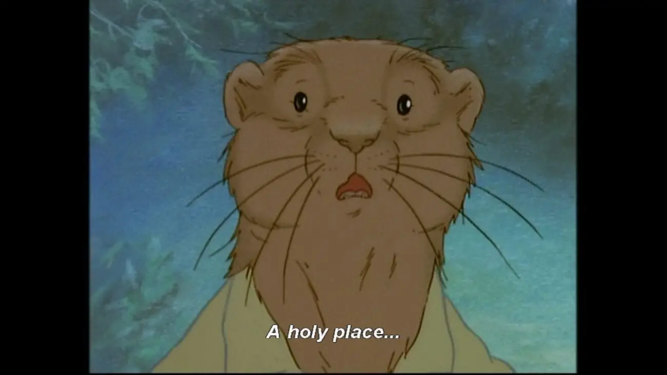 Rat looks in awe at Pan, with the subtitle, "A holy place"