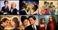 Romantic comedies collage of Working Girl, The American President, Better Off Dead, Frankie and Johnny, For Love or Money, and Singles
