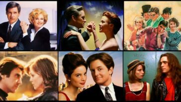 Romantic comedies collage of Working Girl, The American President, Better Off Dead, Frankie and Johnny, For Love or Money, and Singles