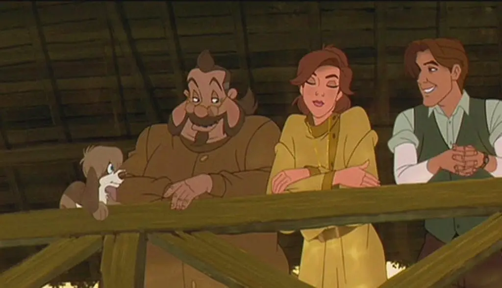 Anastasia, Dimitri, and Vladimir all look down from a bridge in this childhood film