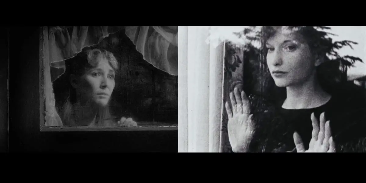 On the left, Mary X from the David Lynch film Eraserhead. On the right, Maya Deren in Meshes of the Afternoon. Both women are framed at a window in black and white.