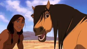 Spirit and Little Creek look behind them in this childhood film