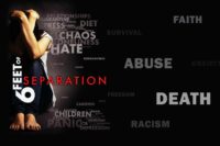 Words proliferates on a black background with a person in the foreground on the poster for Six Feet of Separation
