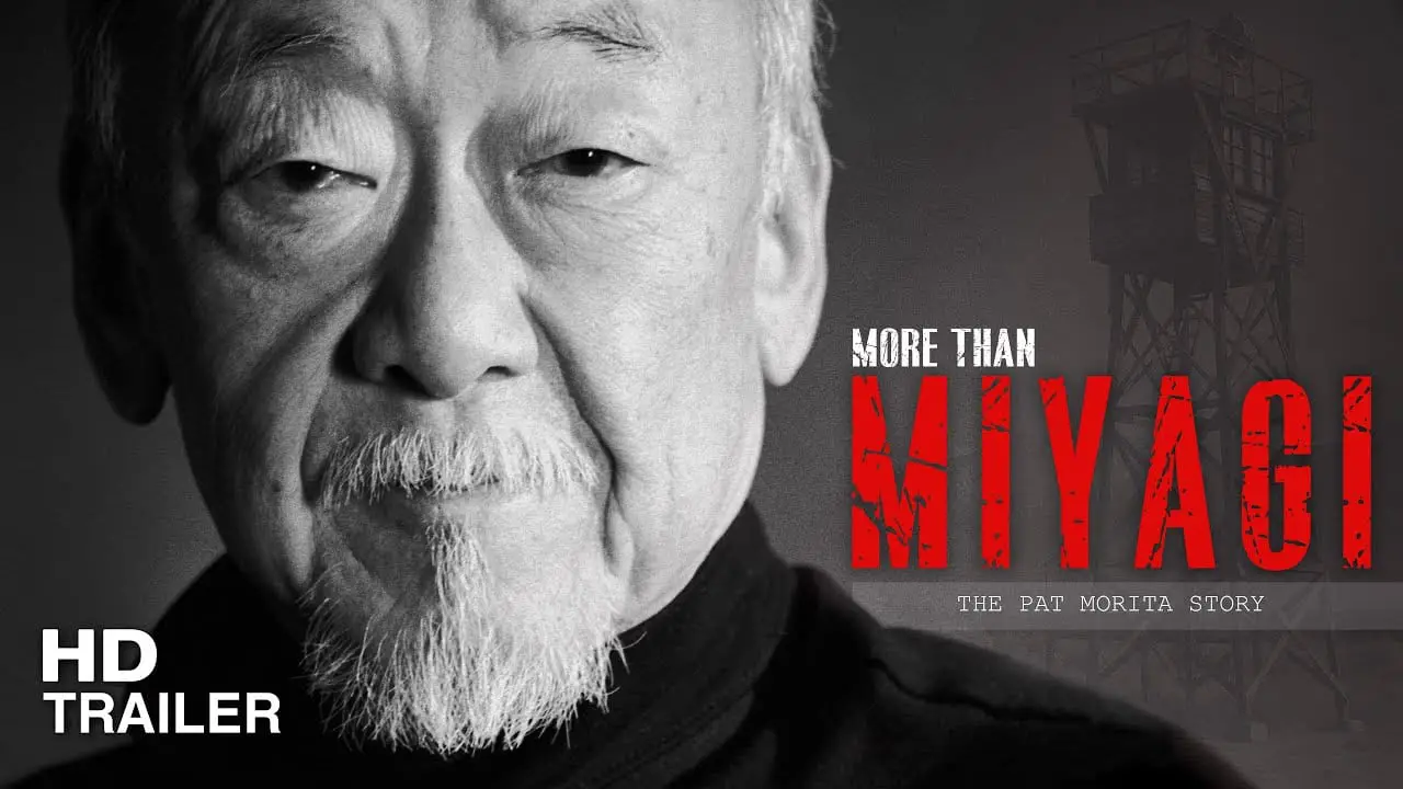 Pat Morita in black and white with the title of the documentary next to him