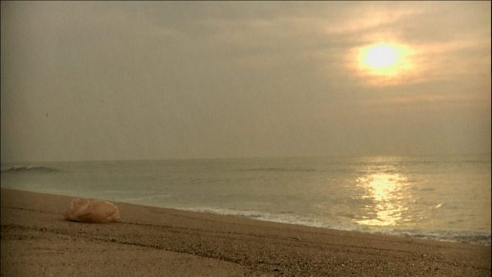 Still from the short film Plastic Bag on Criterion Channel. A plastic shopping bag (left) sits on the beach as if watching the sunset.