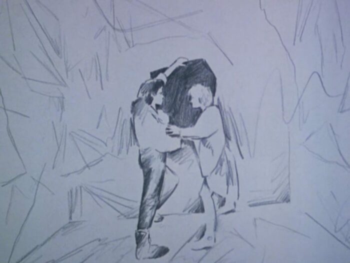 pencil drawing of two people touching arms while on a scribbled background..