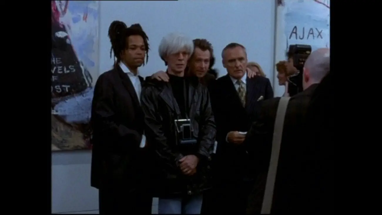 Left to right: Jeffrey Wright as Basquiat, David Bowie as Andy Warhol, Gary Oldman as Albert Milo and Dennis Hopper as Bruno Bischofberger