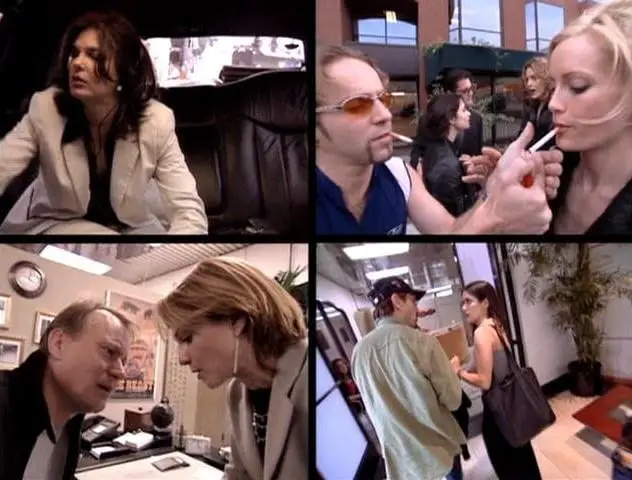 the screen is divided into 4 quadrants. in the top left a woman sits in the backseat of a car. top right, a man lights a woman's cigarette. bottom left a man and woman speak with their faces close together. bottom right, a man and woman stand together talking in an office.