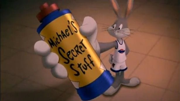 Bugs Bunny holds up a water bottle with Michael's Special Stuff written on it