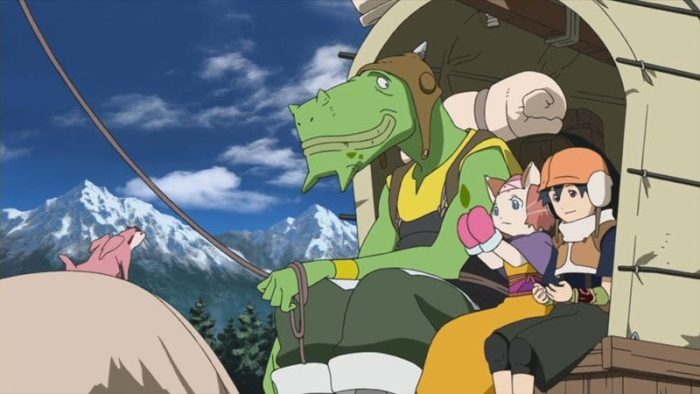 Wataru sits with a catgirl and lizardman on a wagon