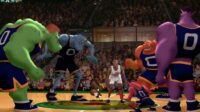 Michael Jordan stands in the middle of the Monstars during their basketball game