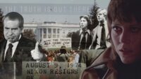 1970s collage including Richard Nixon, Dustin Hoffmann, and Robert Redford along with a shot of the White House in the background