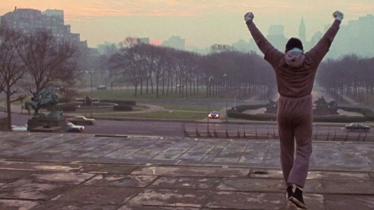 Rocky, triumphant, at the top of the steps in Philadelphia.