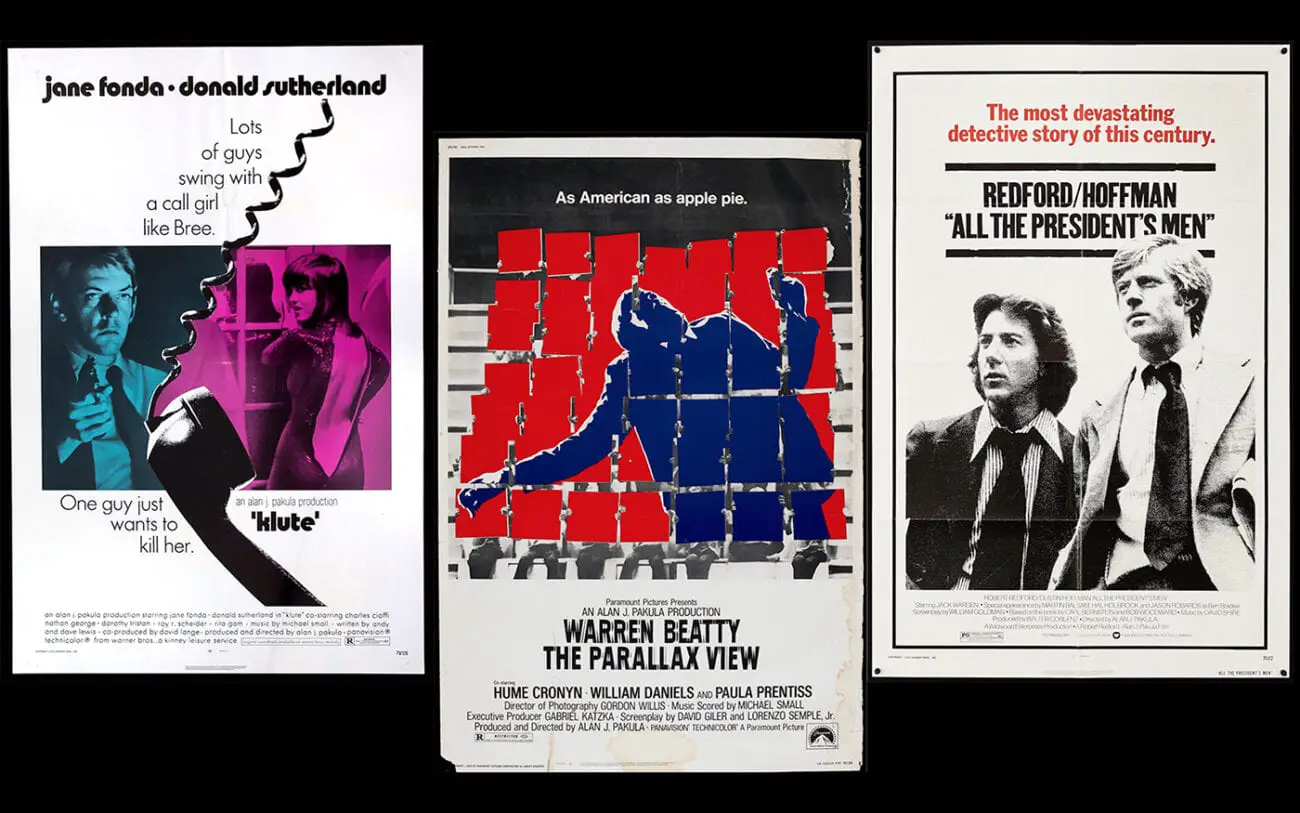 Movie posters for Pakula's trilogy Klute, The Parallax View and All The President's Men.