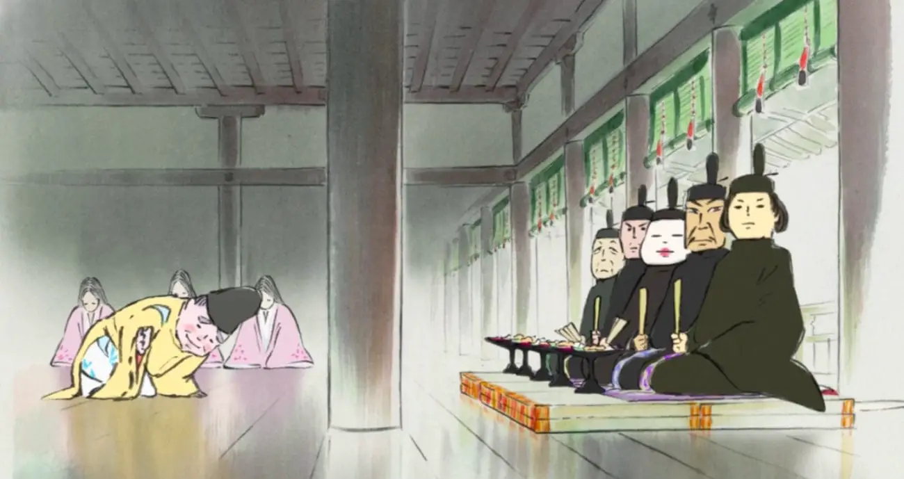 The noblemen line up to see Kaguya's beauty as her father points them in her direction.