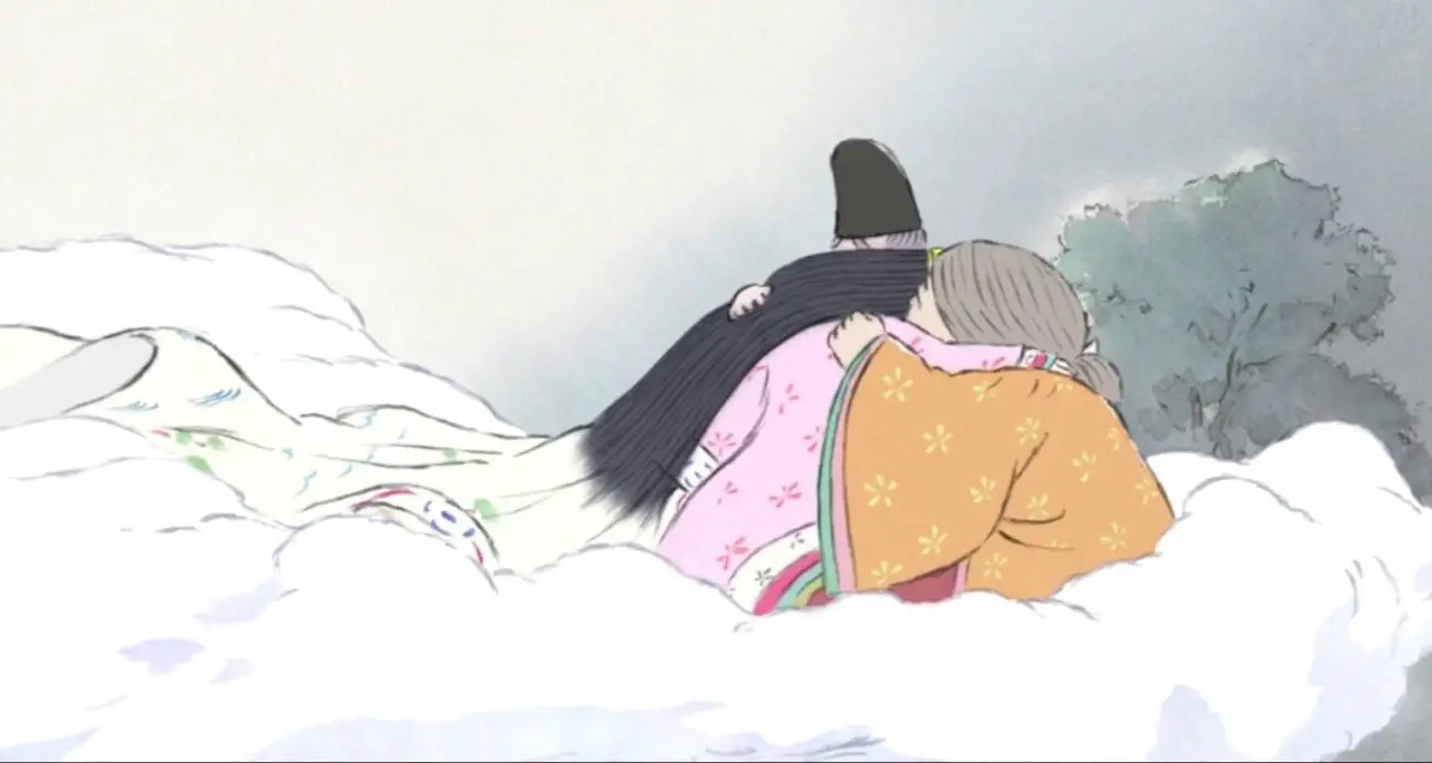 Kaguya and her parents hold each other before she is taken away.