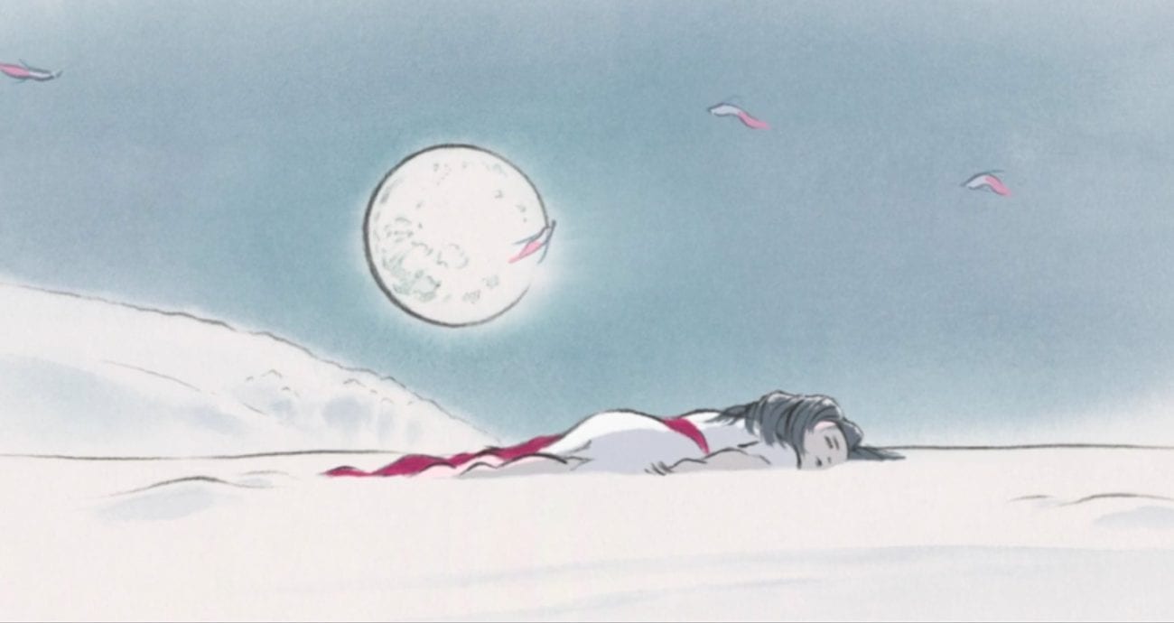 Kaguya lying in the snow under the full moon.