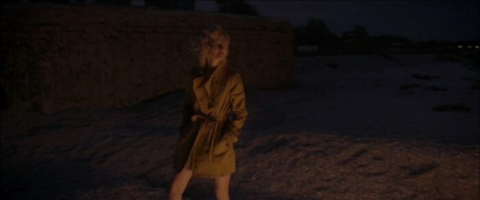 The protagonist from Ramona stands on a beach. She is wearing a short coat. A warm glow illuminates her. Ramona is a short film added to the Criterion Channel in April.