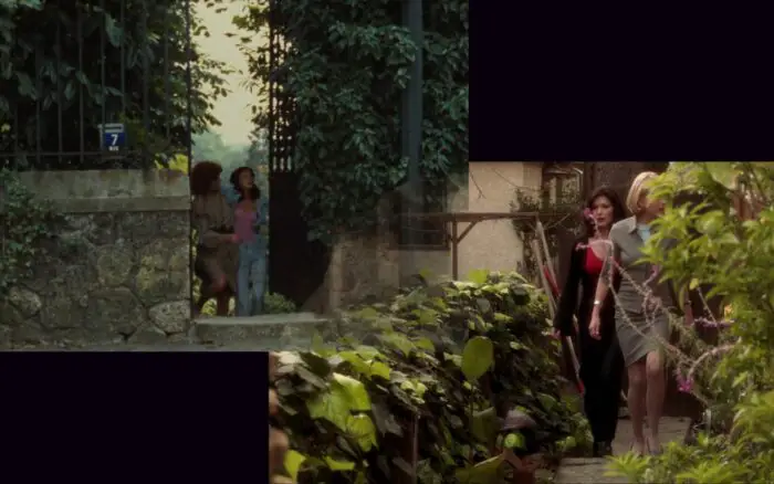 Montage of Celine and Julie in a garden, and Rita and Betty in a garden, both on their investigations.