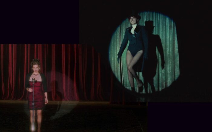 Montage of Rebekah del Rio in Mulholland Drive and Julie in Celine and Julie Go Boating, both on stage in front of curtains in the spotlight.