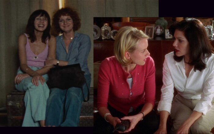 Montage of Celine and Julie sitting on a bench and Betty and Rita sitting on a couch.