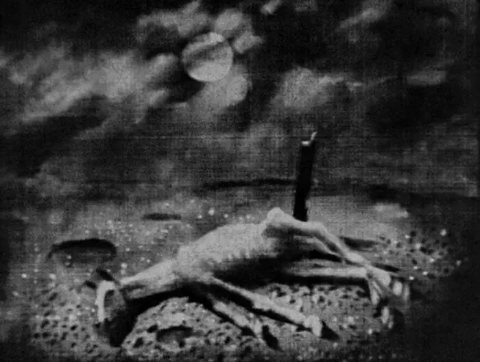 Still from A Night on Bald Mountain 1933. A dead horse lies on the ground.